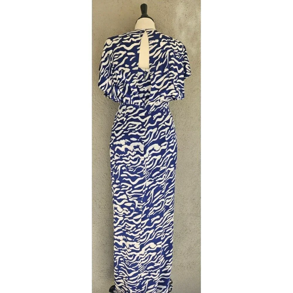 PRABAL GARUNG Blue and White Printed Silk Long Dress Ruched Bodice Size 8 - Picture 2 of 11